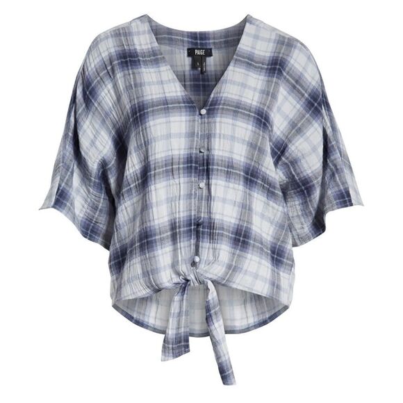 Paige Baylee Plaid Tie Front Cotton Blend Top In Eventide Multi - Picture 1 of 15